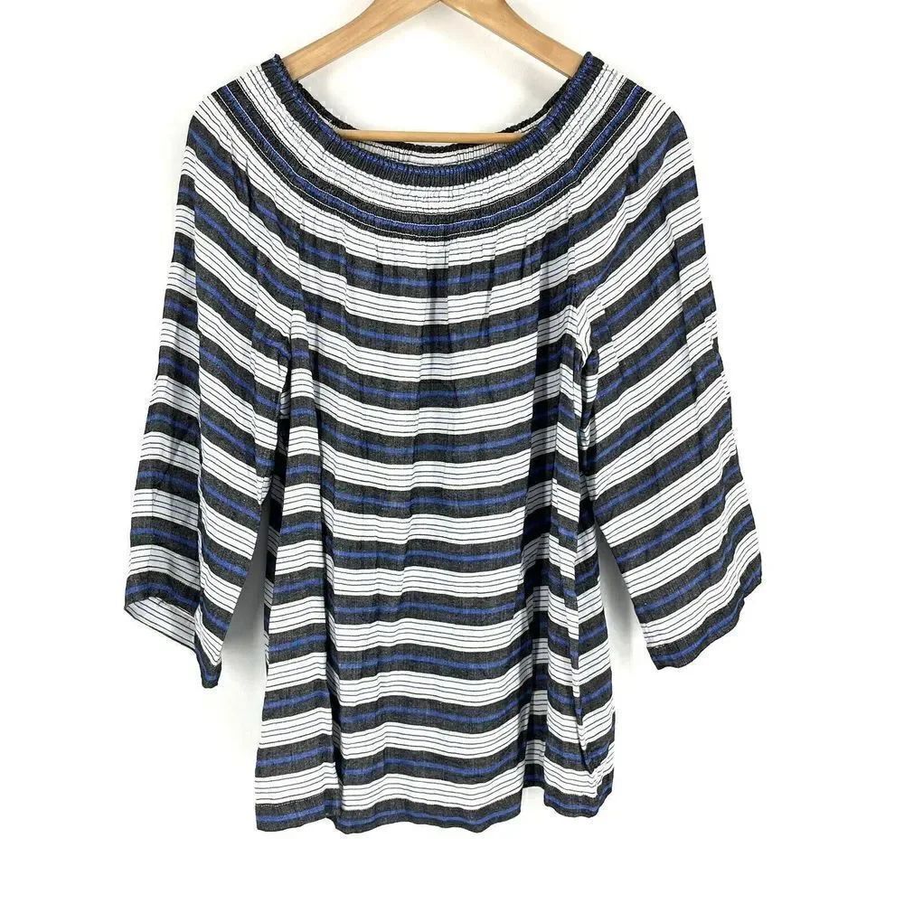 J Jill Top Size Medium Womens Blue White Smocked Linen Beach Stripe Off Shoulder